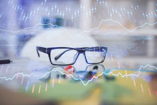 Financial Graph Hologram Glasses Table Background Concept Business Double Exposure — Stock Photo, Image