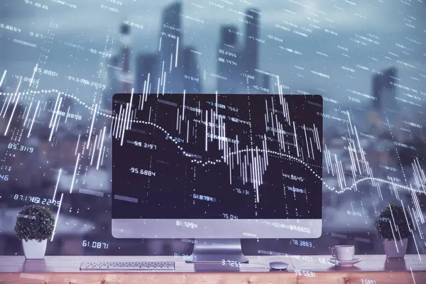 Számítógépes Háttérrel Rendelkező Tőzsdei Grafikon Táblázat Többszörös Expozíció Pénzügyi Elemzés Stock Kép