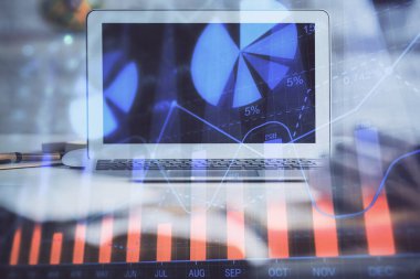 Eski pazar grafiği hologramı ve kişisel bilgisayar geçmişi. Çoklu maruz kalma. Yatırım kavramı.