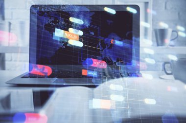 Teknoloji temalı çizim ve bilgisayarla çalışma alanı. Çifte maruziyet. Yenilik kavramı.