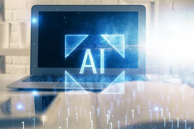 Teknoloji temalı çizim ve bilgisayarla çalışma alanı. Çifte maruziyet. Yenilik kavramı.