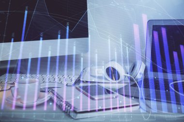 Eski pazar grafiği hologramı ve kişisel bilgisayar geçmişi. Çoklu maruz kalma. Yatırım kavramı.