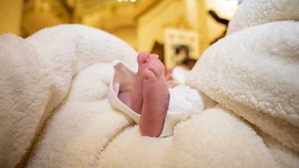 Baptism Child Church Legs Newborn Baby Close Rite Baptism Selective — Stock Photo, Image