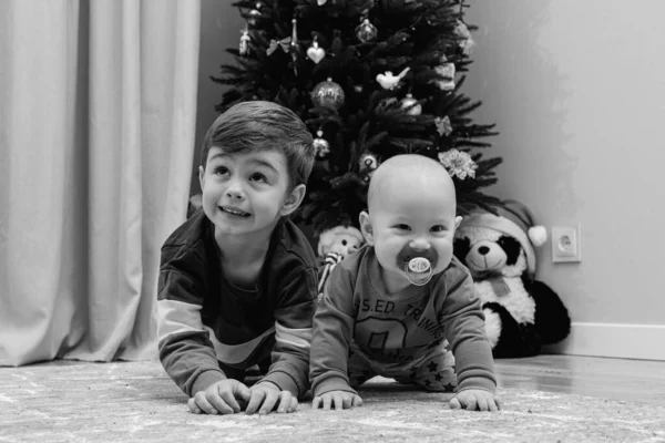 クリスマスツリーの近くに座っている2人の少年家庭環境クリスマス休暇を待っている — ストック写真