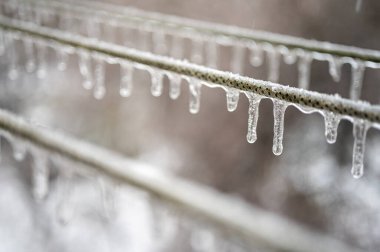 Elektrik kabloları, donmuş yağmur olayından sonra kablolar buzla kaplıdır. Seçici odak