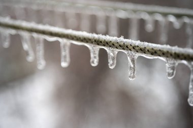 Elektrik kabloları, donmuş yağmur olayından sonra kablolar buzla kaplıdır. Seçici odak