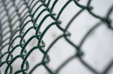 Dondurucu kış havasında donmuş buza yakın metal teller üzerinde beyaz şeffaf altıgen desen. Bahçeyi kaplayan doğal donuk su, dondurucu soğuk günde aydınlandıkça eriyor.