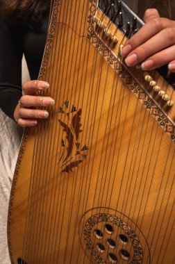 young girl plays ukrainian folk instrument, bandura, hands and strings close up