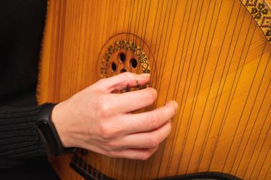 young girl plays ukrainian folk instrument, bandura, hands and strings close up