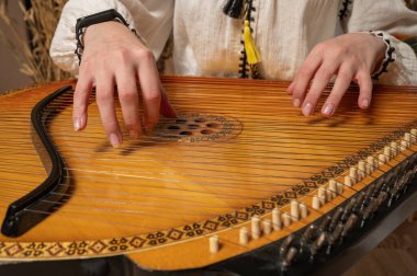 young girl plays ukrainian folk instrument, bandura, hands and strings close up