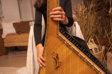 young girl plays ukrainian folk instrument, bandura, hands and strings close up