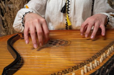young girl plays ukrainian folk instrument, bandura, hands and strings close up