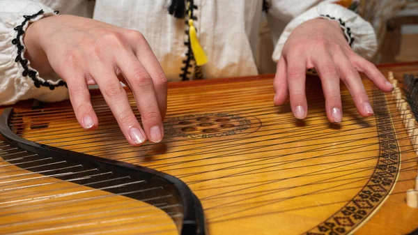 young girl plays ukrainian folk instrument, bandura, hands and strings close up