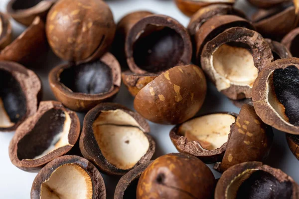 Těsné Pozadí Makadamia Ořechy Zblízka Lehkém Povrchu Chutné Ořechy Zdravé — Stock fotografie