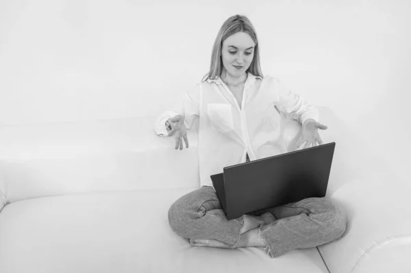 Black White Photo Young Beautiful Emotional Girl Sitting Laptop Sitting — Stock Photo, Image