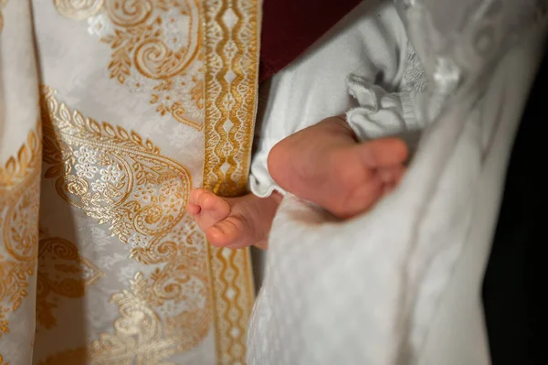Close Baby Legs Baptism Child Orthodox Temple Church — Stock Photo, Image