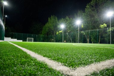 Parktaki spor sahasında yeşil ağaçların arkasında yapay çimen stadyumu var. Güçlü fenerlerle gece aydınlatması, aşağıdan manzara