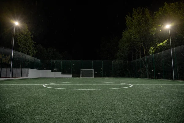 Parktaki spor sahasında yeşil ağaçların arkasında yapay çimen stadyumu var. Güçlü fenerlerle gece aydınlatması, aşağıdan manzara