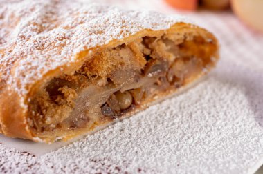 Elma ve tarçınla doldurulmuş lezzetli meyveli turta parçaları hafif bir arka planda hafif bir tabakta. Yazı için yer