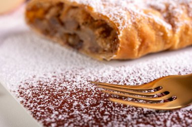 Elma ve tarçınla doldurulmuş lezzetli meyveli turta parçaları hafif bir arka planda hafif bir tabakta. Yazı için yer