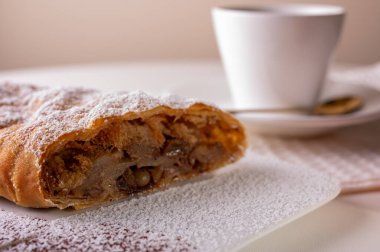 Elma ve tarçınla doldurulmuş lezzetli meyveli turta parçaları hafif bir arka planda hafif bir tabakta. Yazı için yer