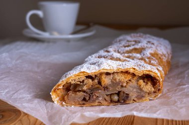 Elma ve tarçınla doldurulmuş lezzetli meyveli turta parçaları hafif bir arka planda hafif bir tabakta. Yazmak için yer var. Manzarayı kapat. Ev yapımı Ukrayna hamur işleri