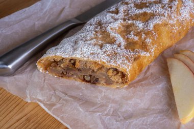 Elma ve tarçınla doldurulmuş lezzetli meyveli turta parçaları hafif bir arka planda hafif bir tabakta. Yazmak için yer var. Manzarayı kapat. Ev yapımı Ukrayna hamur işleri
