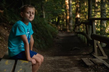 Sevimli küçük bir çocuk yazın yeşil bir ormanda bankta oturur ve kameraya bakar. Dinlen ve seyahat et.