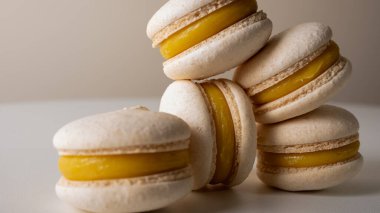 Yakın görüş, limon, sütlü kahve, açık arkaplanda tatlı. Şekerler. Yazı için yer