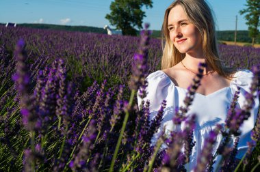 Lviv, Ukrayna yakınlarındaki lavanta tarlaları. Yazın açan lavanta. Beyaz yaz elbiseli bir kız lavanta tarlalarında yürüyor ve elleriyle lavanta çiçeklerine dokunuyor. Seçici odak