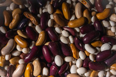 Legumes (fasulye). Birçok kuru fasulye tanesinin arka planı. Kahverengi fasulye dokusu. Yemek arkaplanı. Fasulye arkaplanı ve desenli. Renkli fasulyelerin arkaplanı