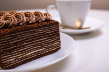 Beyaz tabakta lezzetli bir Spartacus keki, yakın plan. Hafif arkaplan