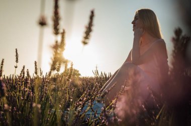 Gün batımının ışınlarında, beyaz elbiseli rahat bir genç kızın yan portresi, beyaz bir bankta oturuyor, temiz hava soluyor, güneşli bir günde lavanta tarlasında oturuyor, uzaklara bakıyor, düşünüyor. Yazmak için bir yer
