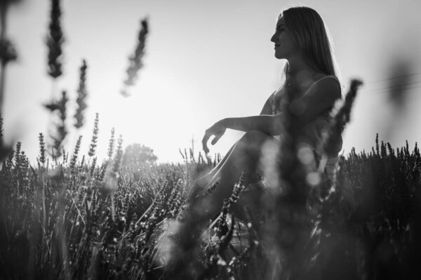 Black and white portrait in the rays of the sunset, side portrait of a relaxed young girl in a white dress, sitting on a white bench, in thought, breathing fresh air, sitting in a lavender field