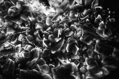 siyah ve beyaz fotoğraf, sıcak kırmızı kömür üst görünümü yakın plan, arka plan, düşük tuş