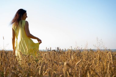 Sırtında sarı bir elbiseyle buğday tarlasında duran güzel bir genç kız, Ukrayna 'nın doğası, alanı ve yazmak için uygun bir yer.