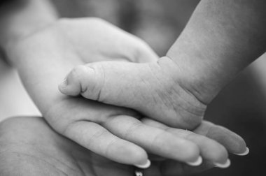 siyah beyaz fotoğraf, yeni doğmuş bebek bacağı ebeveynler, çocuk, viesh yakın plan, seçici odaklanma