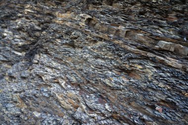 Farklı dokulara ve doğal renk tonlarına sahip katmanlı tortul kaya oluşumlarına yakın çekim. Jeoloji, doğa ve soyut arka planlar için mükemmel. Engebeli, yıpranmış antik ston ayrıntılarını yakalar