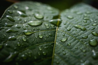 Parlayan su damlalarıyla dolu canlı yeşil yaprakların makro yakın çekimi. Yağmurdan sonra tazeliği, doğayı, canlılığı ve yenilenmeyi simgeler