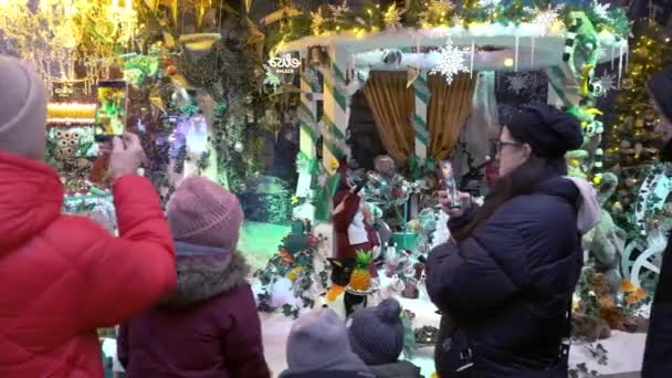 Helsinki Finland Aralik 2022 Çocuklar Yetişkinler Noel Tatil Vitrinlerini Görüyorlar — Stok video