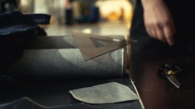 Bir kadın terzi, atölyede eski kot pantolonları tamir ederken kenarı işaretliyor. Küçük bir aile şirketi, terzilik ve giysi tamiri, el yapımı, başlangıç. Yakın plan.