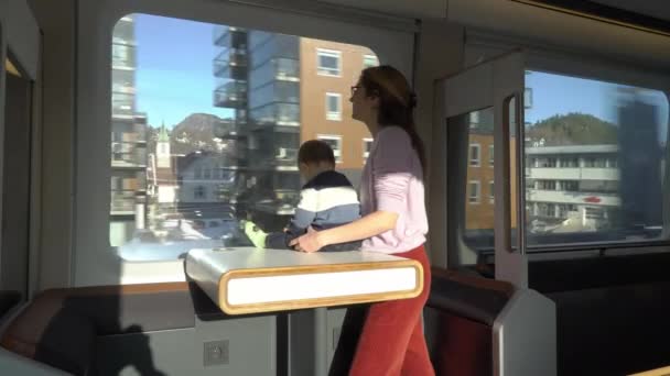 Молода Жінка Дитина Насолоджуються Поїздом Швидкісного Експреса Захоплюючись Прекрасними Видами — стокове відео
