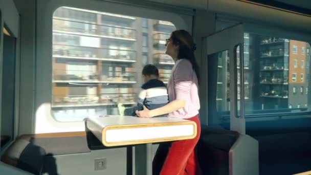 窓からの美しい景色を眺め 新しい場所を探索し 高速急行列車に乗って楽しむ若い女性と彼女の赤ちゃん — ストック動画