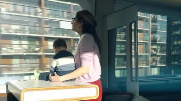 窓からの美しい景色を眺め 新しい場所を探索し 高速急行列車に乗って楽しむ若い女性と彼女の赤ちゃん — ストック動画