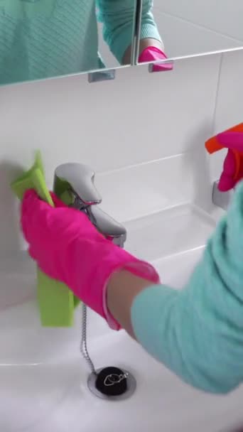 Woman Rubber Glove Cleans Sink Bathroom Using Means Cleaning Vertical — Stock Video