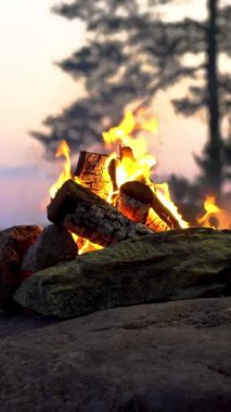 Yaz Gündönümünde gece yarısı gölün kıyısındaki bir ormanda yanan şenlik ateşi. Finlandiya 'da yaz dönümü arifesinde Beyaz Gece. Kamp ateşi ve vahşi yaşam sesleri, kuş sesleri.