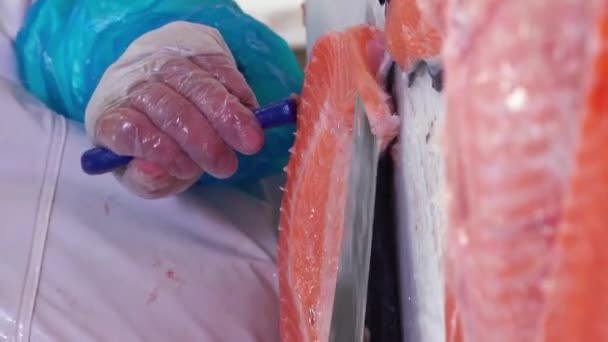 Hombre Asiático Rebanando Filete Salmón Mesa Una Pescadería Dolly Disparó — Vídeos de Stock