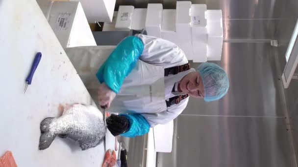 Pracy Zespołu Przetwórni Owoców Morza Człowiek Kropi Przyprawy Filet Łososia — Wideo stockowe