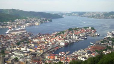 A beautiful top view of the port of Bergen from the observation deck on the mountain Floyen Floien. A birds-eye view of the entire city and port