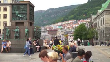 Bergen, Norway - Jun 23, 2023: Sailors Monument on Torgallmenningen - the main square in the centre of Bergen city in Norway
